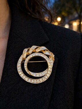 Signed D'Orlan Double Circle Wreath Brooch Rhinestone Baguette 1980s